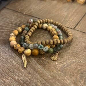 Green and Wood Beaded Bracelet Stack